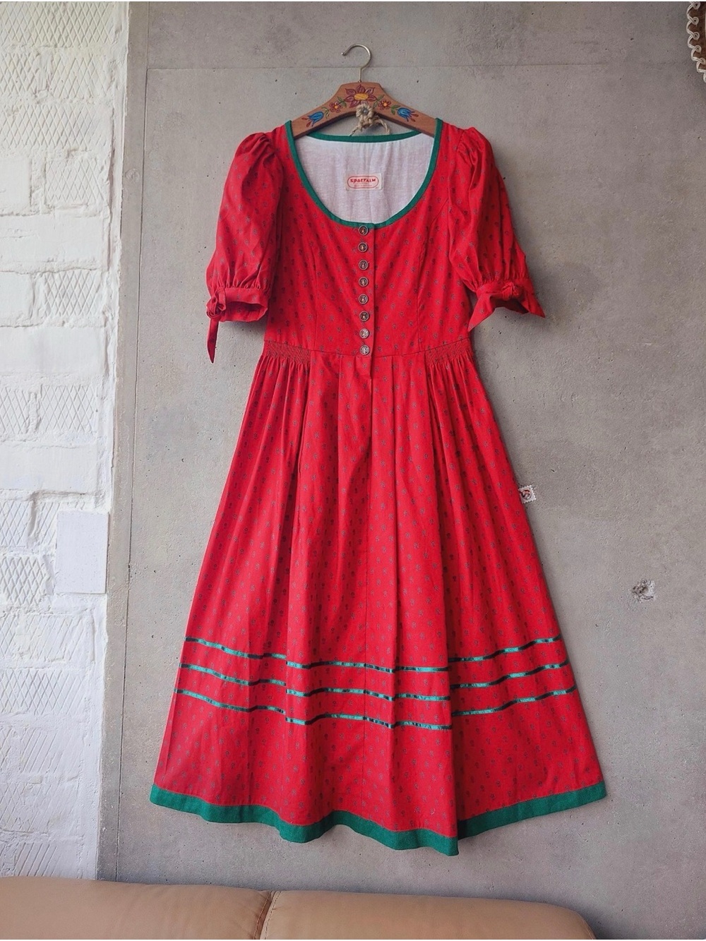 Trachten Red Dress, Austrian Dirndl, Soft Cotton, Size 42 M-L